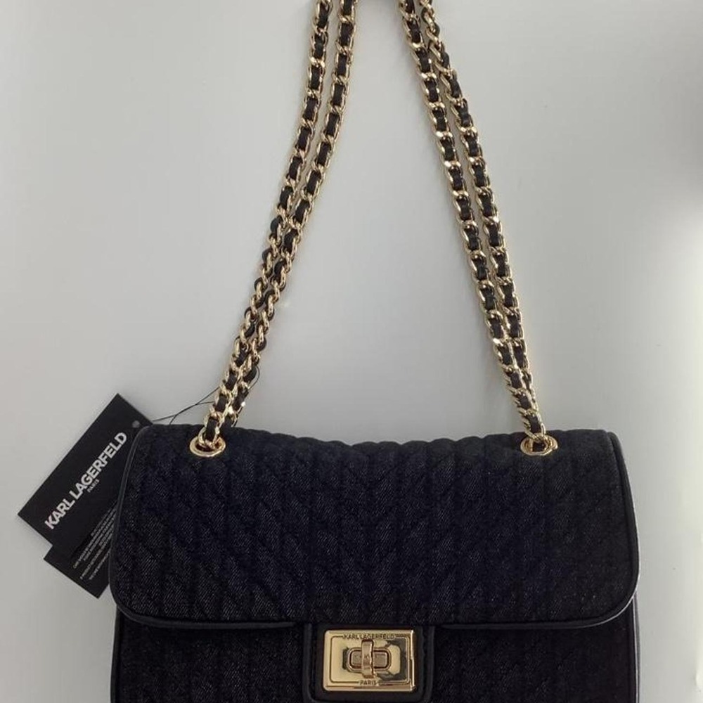 Karl Lagerfeld Paris Quilted Shoulder Bag Gold Chain Strap Navy Black NEW